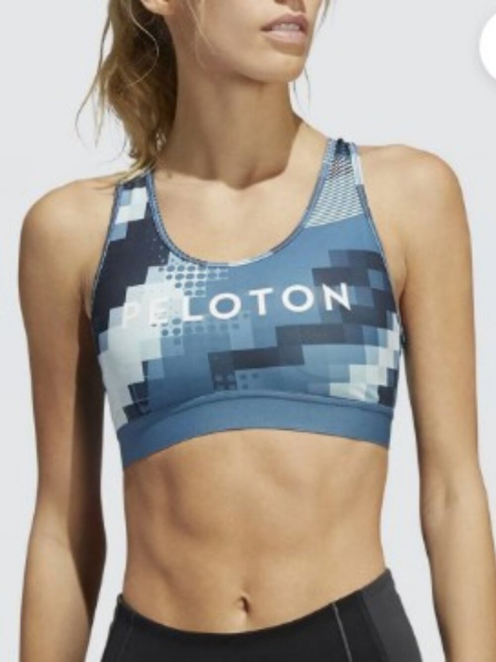 Peloton x Adidas Women's Geometric Sports Bra, Blue and Gray - Size M?
